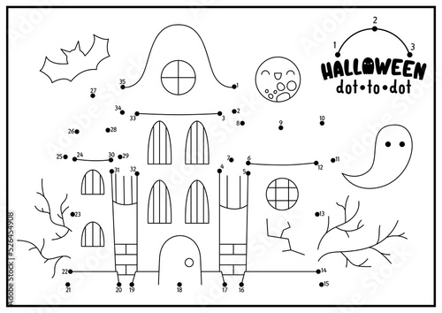 Vector Halloween dot-to-dot and color activity with cute kawaii haunted house. Autumn holiday connect the dots game for children. All saints day coloring page for kids. Printable worksheet.