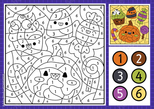 Vector Halloween color by number activity with cute kawaii sweets. Autumn scary holiday scene. Black and white counting game with candy, pumpkin. Trick or treat coloring page for kids.