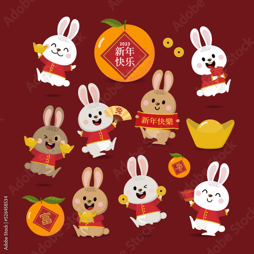 Happy Chinese new year greeting card 2023 with cute rabbit with oranges, money and gold. Animal holidays cartoon character set. Translate: rabbit, lucky, Happy new year.