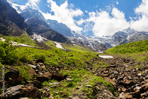 A view of a fabulous glacier in the mountains of the Greater Caucasus.