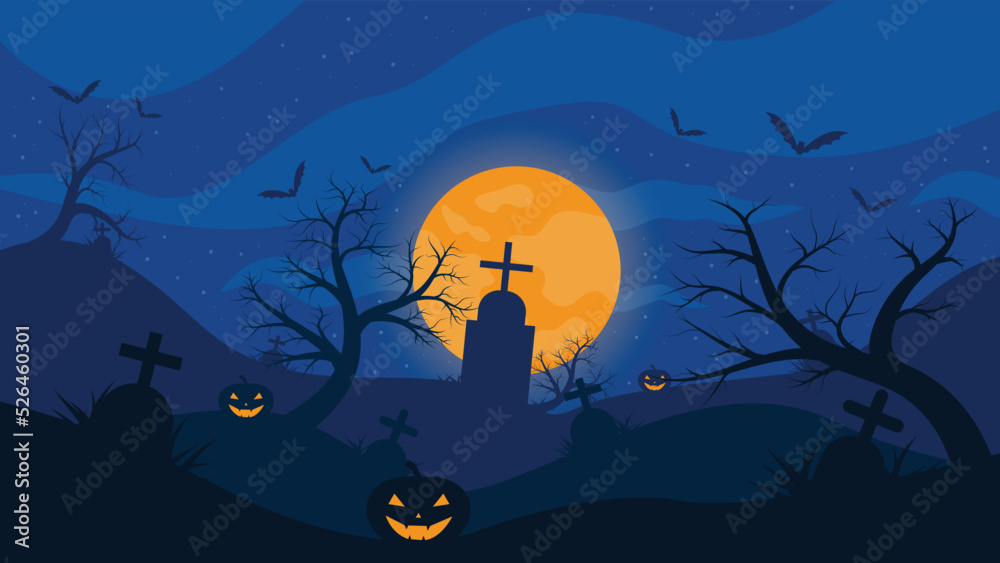 Halloween background with cemetery gravestones spooky leafless trees full moon on night sky