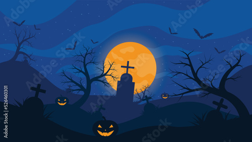 Halloween background with cemetery gravestones spooky leafless trees full moon on night sky