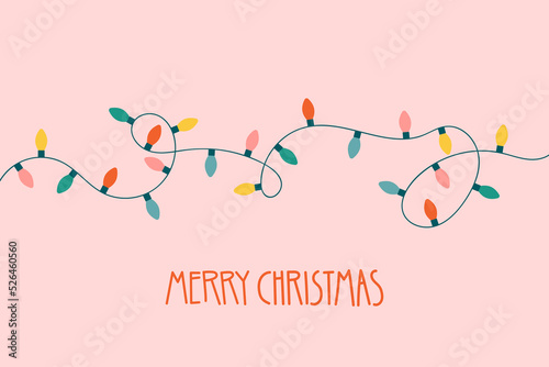 Christmas lights garland with lettering Merry Christmas. Holiday LED bulb strand for magic festive prints. Flat illustration for greeting cards and other graphic design.