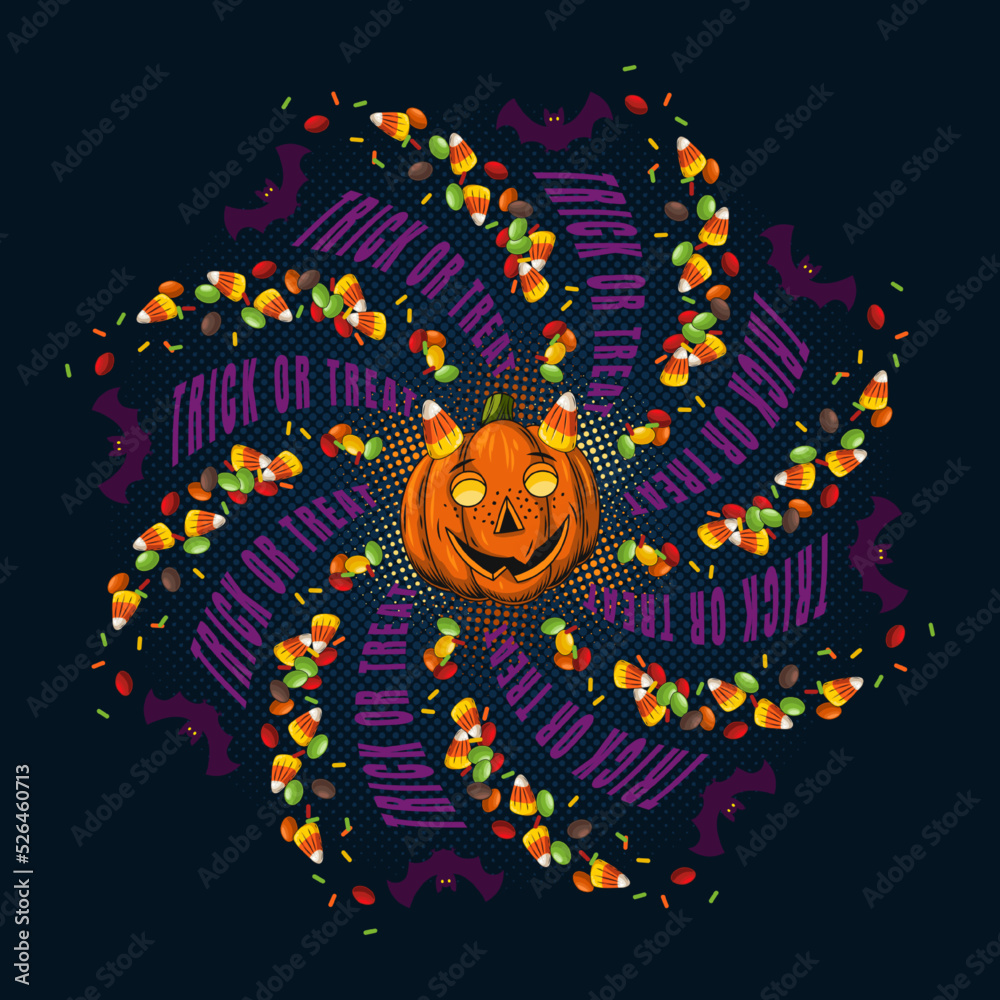 Fototapeta premium Round halloween illustration with flying apart candy, sweets, halftone shapes, bat, pumpkin stylized as little devil, kids face. Bright holiday swirl mandala with traditional text Trick or Treat.