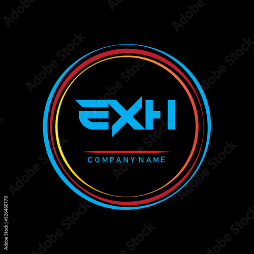 EXH letter logo design. E X H Alphabet design on black background in circle .Creative design logo for company logo  or t-shirt . photo