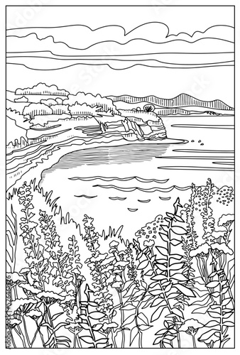 Coloring book . Lovely landscape, rocks and sea. Vector art line background.