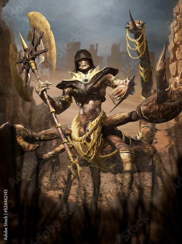 An Arab nomad warrior in golden armor and a hood with sharp spikes and claws stands in the desert among the ruins under the scorching sun. Fantasy character, a scorpion man with a big axe in his hand.