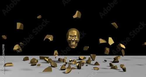 Exploding fragments of excess material around the human skull. Flying bronze shards. Light yellow metal skull. 3D render.