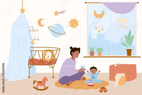 Happy mother and baby kid play fun game together in home nursery. Young woman and boy sitting on floor near cute cradle, playing with toys vector illustration. Childcare, motherhood, family concept