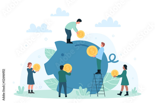 Financial savings, budget and account management. Cartoon tiny people putting coins into piggy bank together, investing dollars in wealth flat vector illustration. Investment, finance, income concept