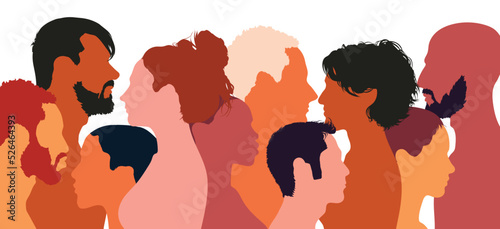 A cartoon group of men and women of diverse cultures stands together in front of the other as a symbol of racial equality and anti-racism. Multi ethnic and multi-racial culture.