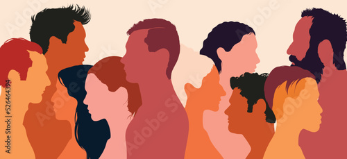 Multiethnic diversity and multicultural community integration. Flat cartoon illustration of men and women from different cultures and countries.