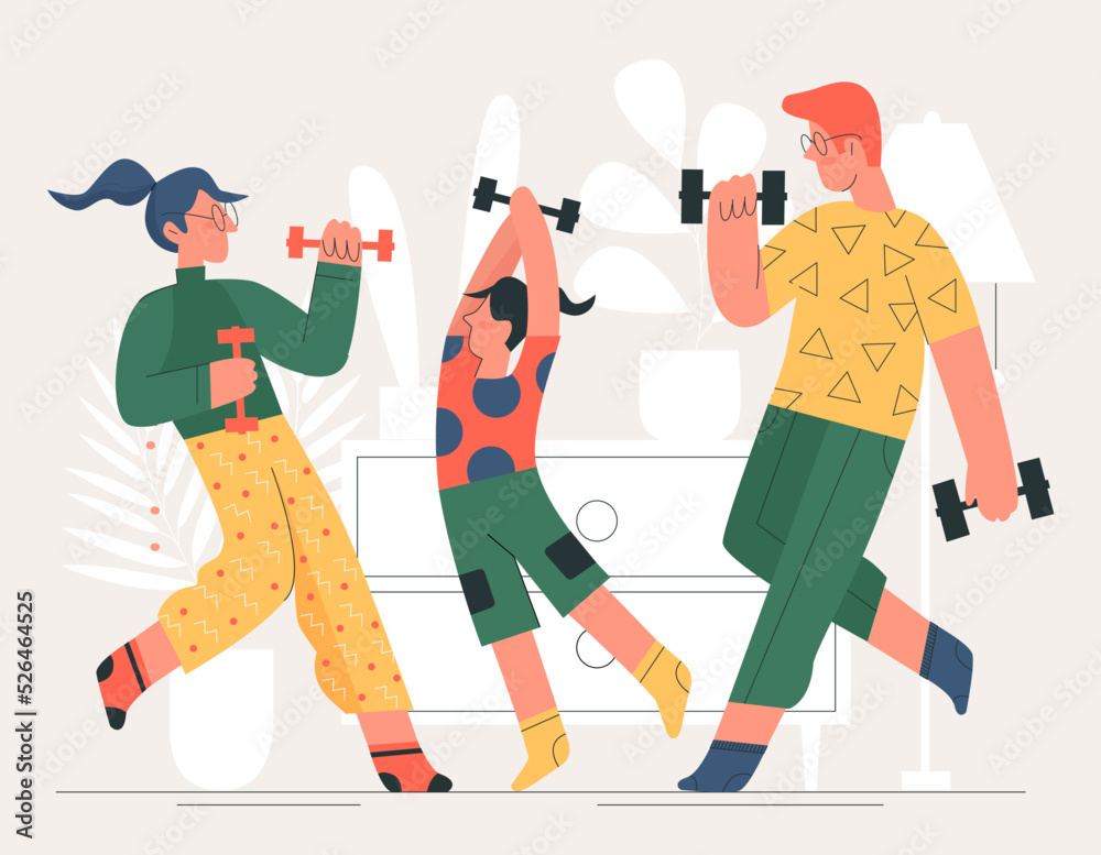 Fototapeta premium Active sport exercises and physical workout of family. Cartoon characters training at home, happy parent and kid or siblings holding dumbbells flat vector illustration. Wellbeing, fitness concept