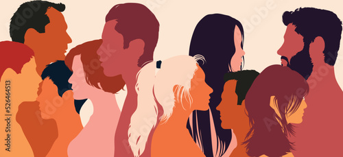 Multiple exposure to people of different ages and ethnicities. Conversation between people of different ages and ethnicities. Flat cartoon vector illustration.