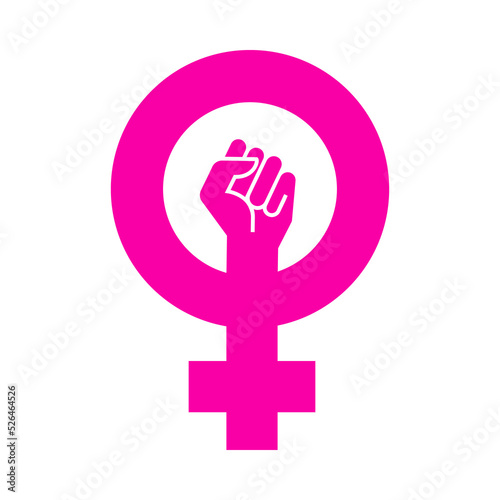 Logotipo feminista. Silueta del símbolo femenino con puño cerrado aislado en color rosa