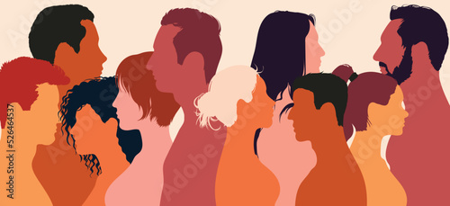 A flat cartoon group of people representing a diverse and multicultural society. Partnership, cooperation, friendship, and teamwork.