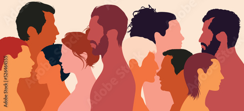 The concept of a co-worker's community. The concept of working together. Multiethnic people. Flat cartoon from the side. Collaboration, coworkers, harmony, and organization.