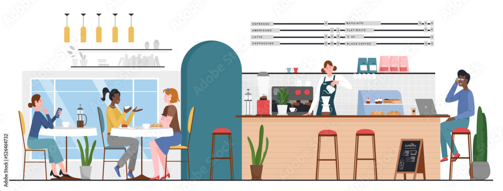 Coffee shop interior with barista at bar counter and group of friends sitting at tables on chairs. Cartoon woman making hot drink, people communicating flat vector illustration. Coffee break concept