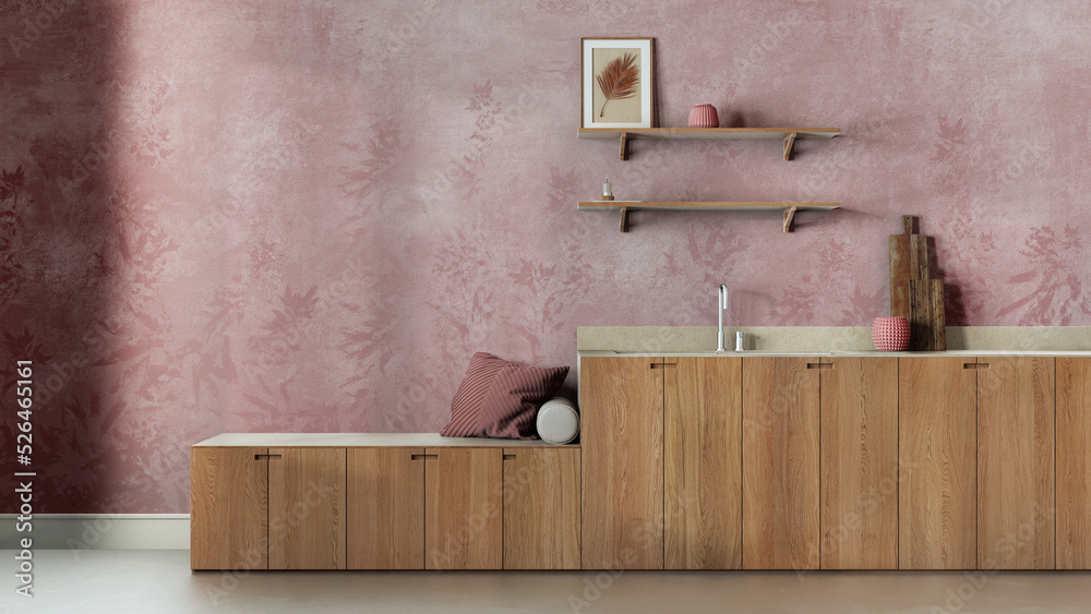 Trendy cozy kitchen in white and red tones. Wallpaper, wooden cabinets, shelves and bench. Concrete floor, japandi interior design Trendy cozy kitchen in white and red tones. Wallpaper, wooden cabinets, shelves and bench. Concrete floor, japandi interior design