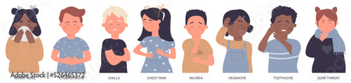 Sick kids set with medical name of respiratory symptoms infographic vector illustration. Cartoon unhealthy girls and boys, little patients with ache and pain isolated white. Disease, cold, flu concept