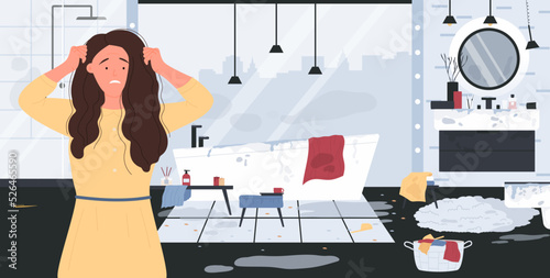 Helpless unhappy woman with scared face looking at mess and flood in dirty bathroom vector illustration. Cartoon portrait of character surprised by chaos at home background. Chores, hardship concept