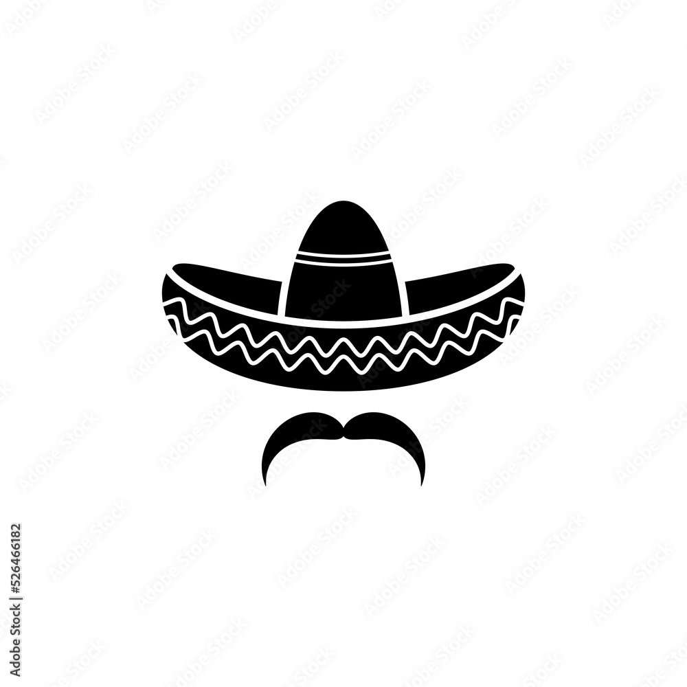Sombrero, Mexican hat with mustache black icon. Flat logo isolated on white. vector illustration. Sombrero, Mexican hat with mustache black icon. Flat logo isolated on white. vector illustration.