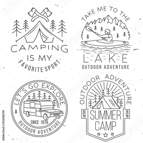 Set of camping badges design on chalkboard. Vector illustration. Concept for shirt or logo, print, stamp or tee. Vintage line art typography design with man in canoe, lake, camper rv , tent and forest