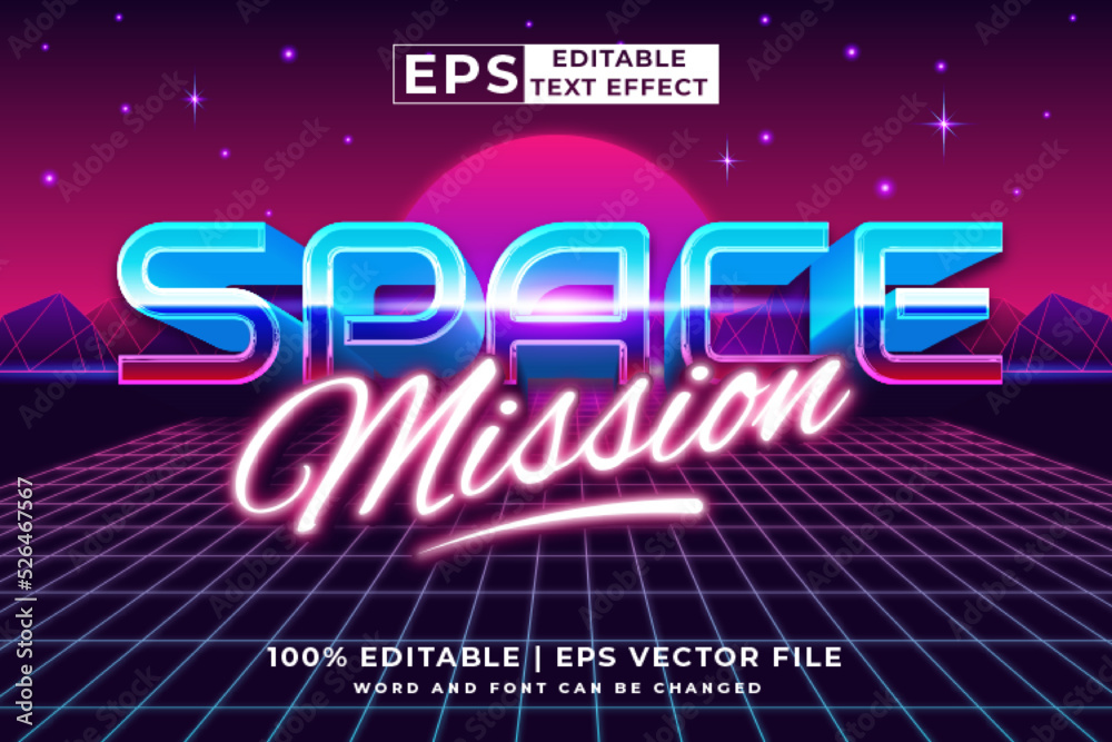 Editable text effect Space Mission Retro 3d 80s template style premium vector Editable text effect Space Mission Retro 3d 80s template style premium vector