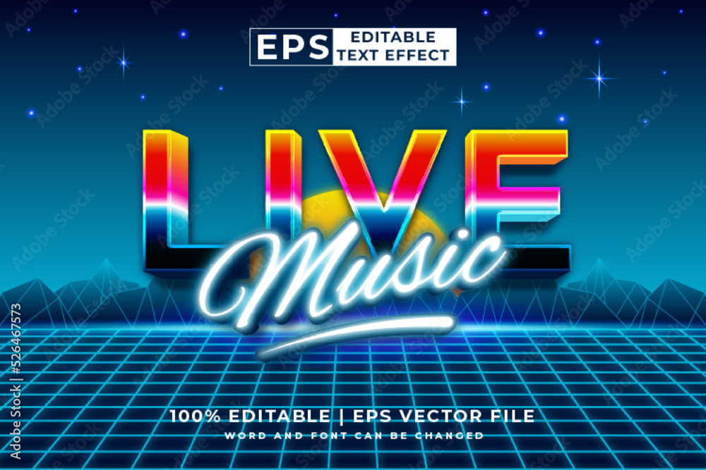 Editable text effect Live Music Retro 3d 80s template style premium ...