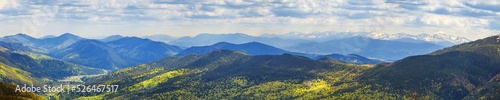 Spring landscape, panorama, banner - view of forested mountains, Carpathian mountains, Ukraine