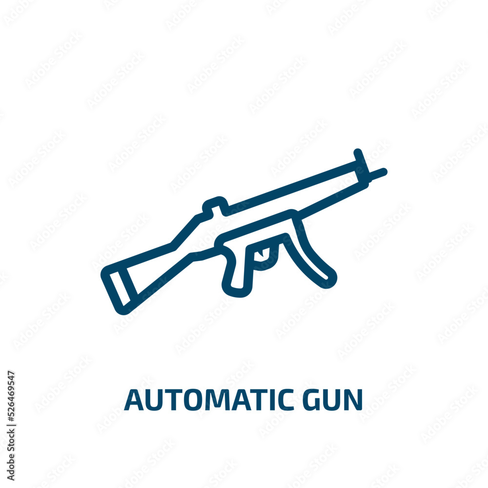 automatic gun icon from army and war collection. Thin linear automatic gun, gun, weapon outline icon isolated on white background. Line vector automatic gun sign, symbol for web and mobile automatic gun icon from army and war collection. Thin linear automatic gun, gun, weapon outline icon isolated on white background. Line vector automatic gun sign, symbol for web and mobile