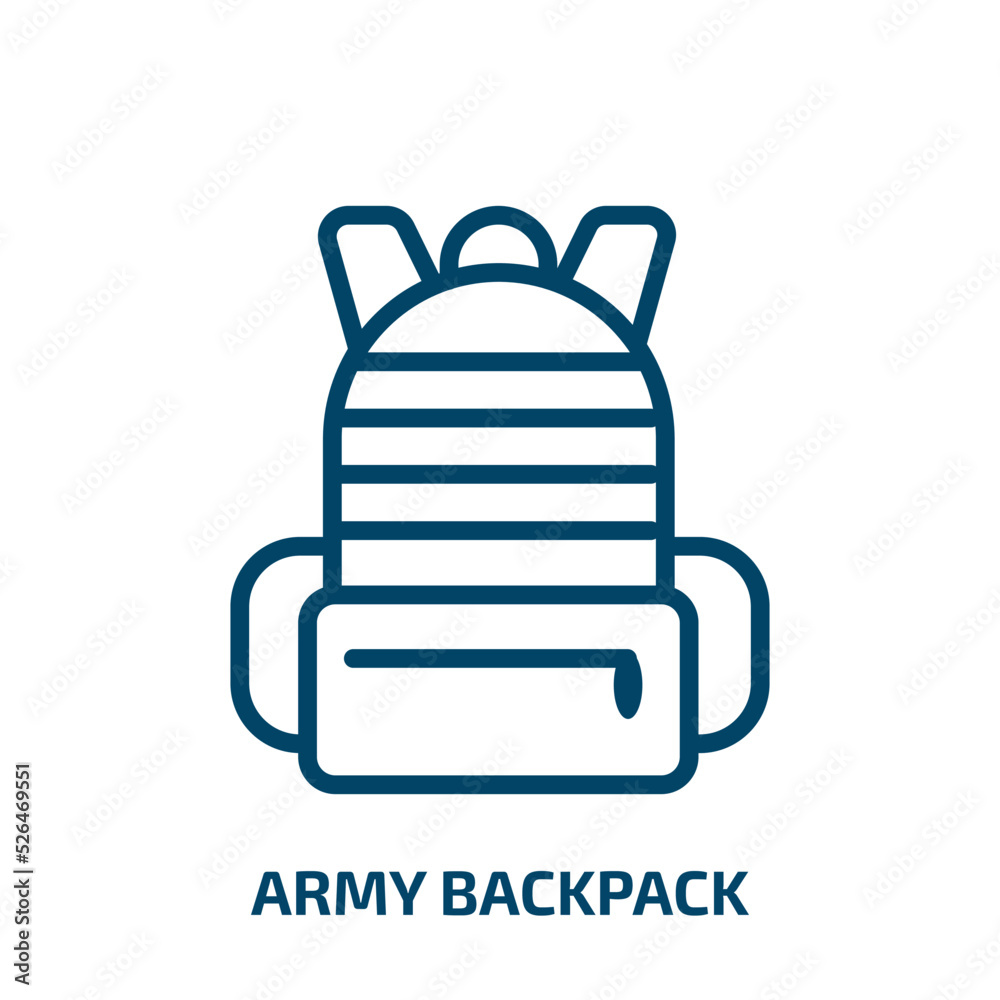 Obraz premium army backpack icon from army and war collection. Thin linear army backpack, backpack, army outline icon isolated on white background. Line vector army backpack sign, symbol for web and mobile