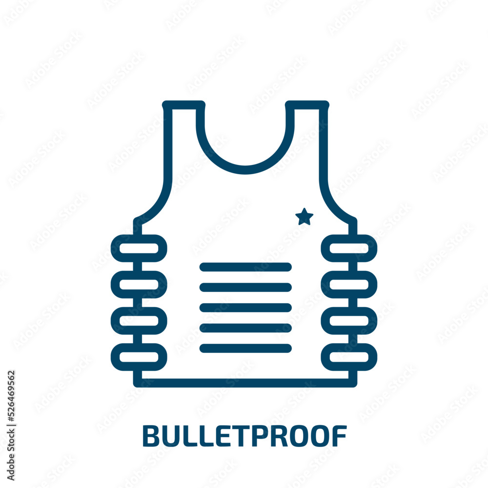 bulletproof icon from army and war collection. Thin linear bulletproof, protection, security outline icon isolated on white background. Line vector bulletproof sign, symbol for web and mobile bulletproof icon from army and war collection. Thin linear bulletproof, protection, security outline icon isolated on white background. Line vector bulletproof sign, symbol for web and mobile