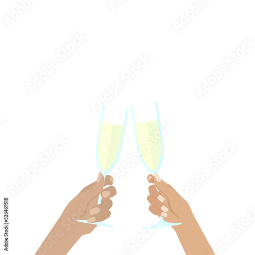 Human hand holding a glass of champagne. Postcard for the holiday New Year, Christmas, wedding day.