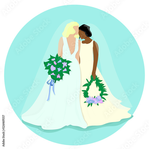 LGBT couple getting married. Female character with wedding dress and suit. Two women love each other. Unconventional Lesbian newlyweds. Cartoon flat 