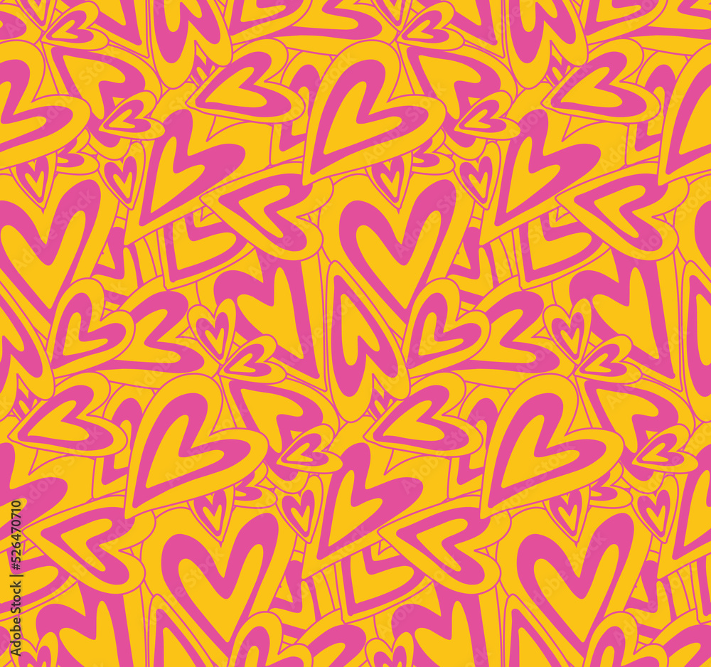 Groovy purple yellow hearts Y2K 90s seamless pattern vector background. Retro hippie romantic repeat texture wallpaper, textile design.