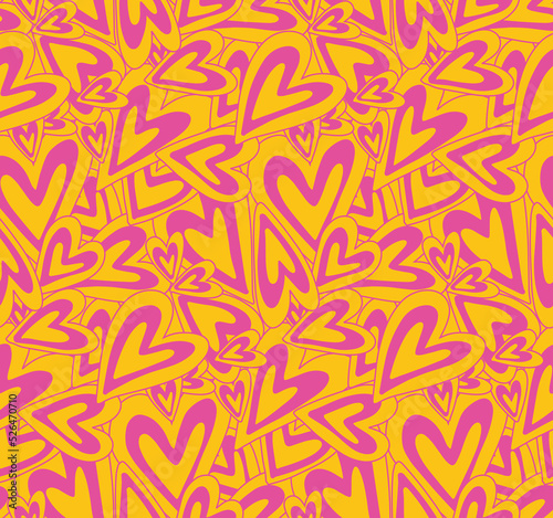 Groovy purple yellow hearts Y2K 90s seamless pattern vector background. Retro hippie romantic repeat texture wallpaper, textile design.