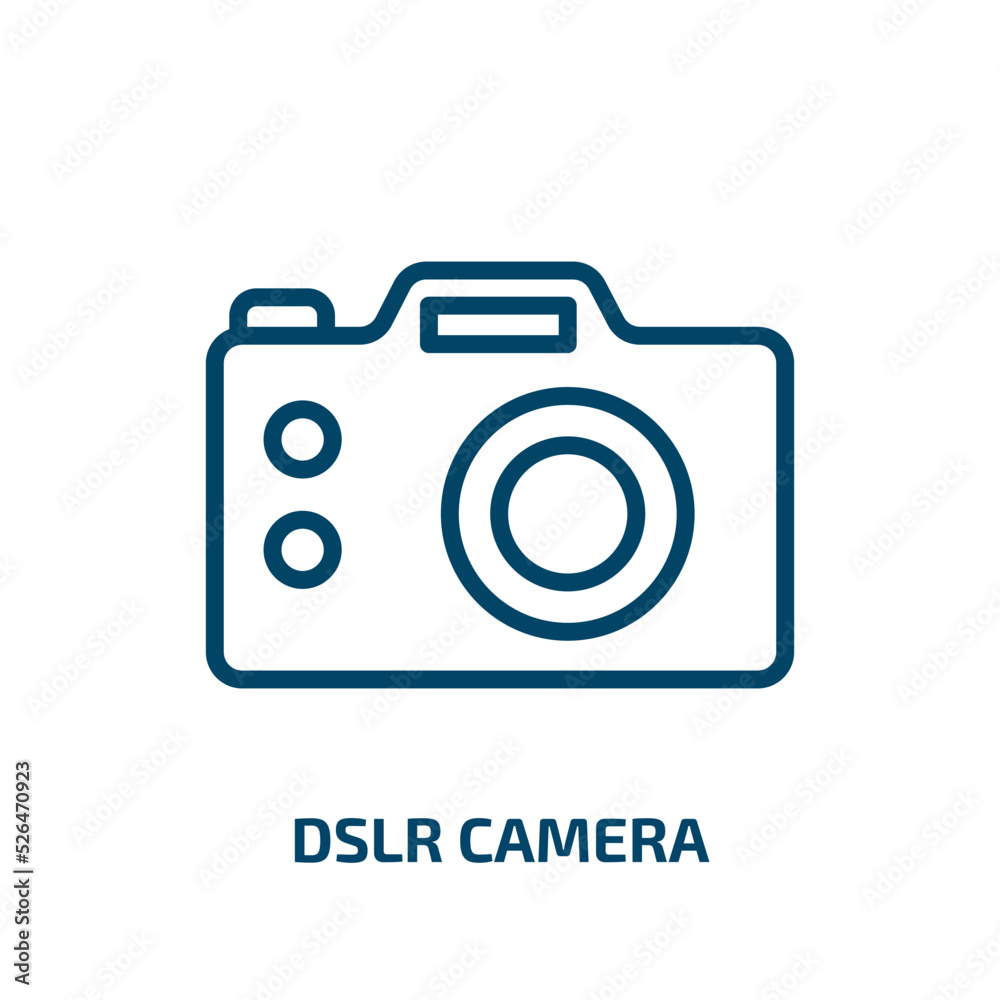 dslr camera icon from cinema collection. Thin linear dslr camera, camera, photograph outline icon isolated on white background. Line vector dslr camera sign, symbol for web and mobile dslr camera icon from cinema collection. Thin linear dslr camera, camera, photograph outline icon isolated on white background. Line vector dslr camera sign, symbol for web and mobile