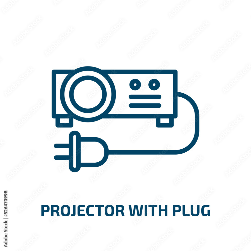 projector with plug icon from cinema collection. Thin linear projector with plug, projector, plug outline icon isolated on white background. Line vector projector with plug sign, symbol for web and projector with plug icon from cinema collection. Thin linear projector with plug, projector, plug outline icon isolated on white background. Line vector projector with plug sign, symbol for web and