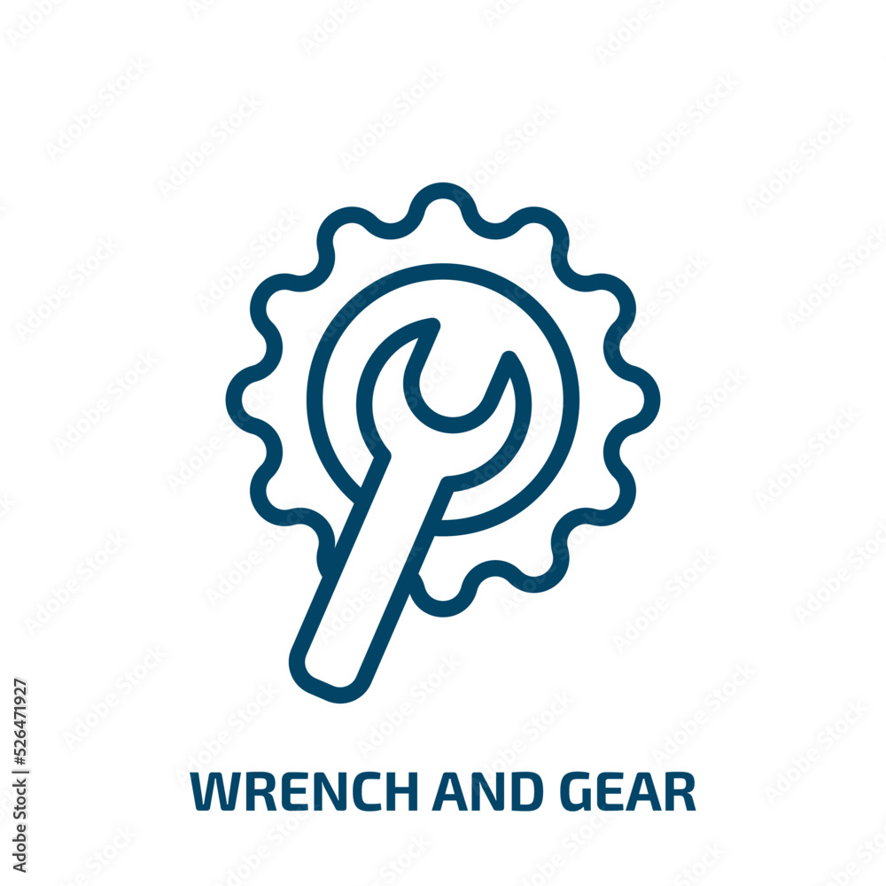 wrench and gear icon from construction collection. Thin linear wrench and gear, wrench, tool outline icon isolated on white background. Line vector wrench and gear sign, symbol for web and mobile wrench and gear icon from construction collection. Thin linear wrench and gear, wrench, tool outline icon isolated on white background. Line vector wrench and gear sign, symbol for web and mobile