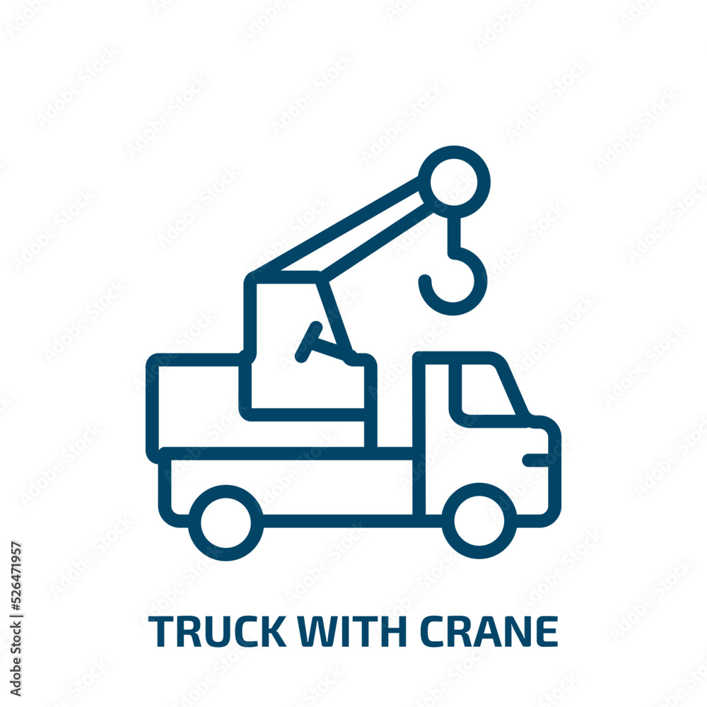 truck with crane icon from construction collection. Thin linear truck with crane, truck, crane outline icon isolated on white background. Line vector truck with crane sign, symbol for web and mobile truck with crane icon from construction collection. Thin linear truck with crane, truck, crane outline icon isolated on white background. Line vector truck with crane sign, symbol for web and mobile
