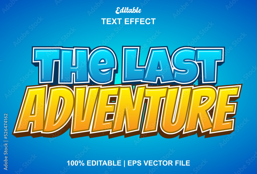 last adventure text effect with blue and yellow color 3d style.