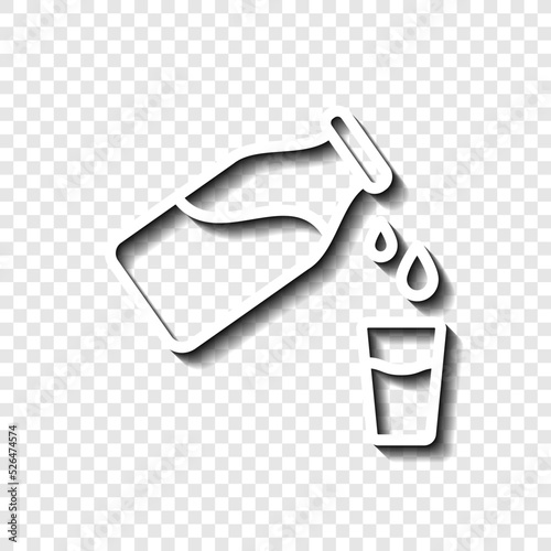 Bottle with glass, water drops simple icon vector. Flat design. White with shadow on transparent grid.ai