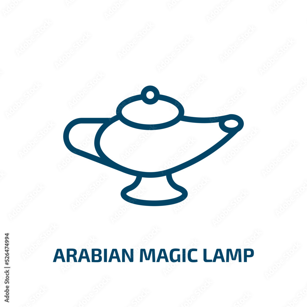 arabian magic lamp icon from religion collection. Thin linear arabian magic lamp, magic, mystery outline icon isolated on white background. Line vector arabian magic lamp sign, symbol for web and arabian magic lamp icon from religion collection. Thin linear arabian magic lamp, magic, mystery outline icon isolated on white background. Line vector arabian magic lamp sign, symbol for web and