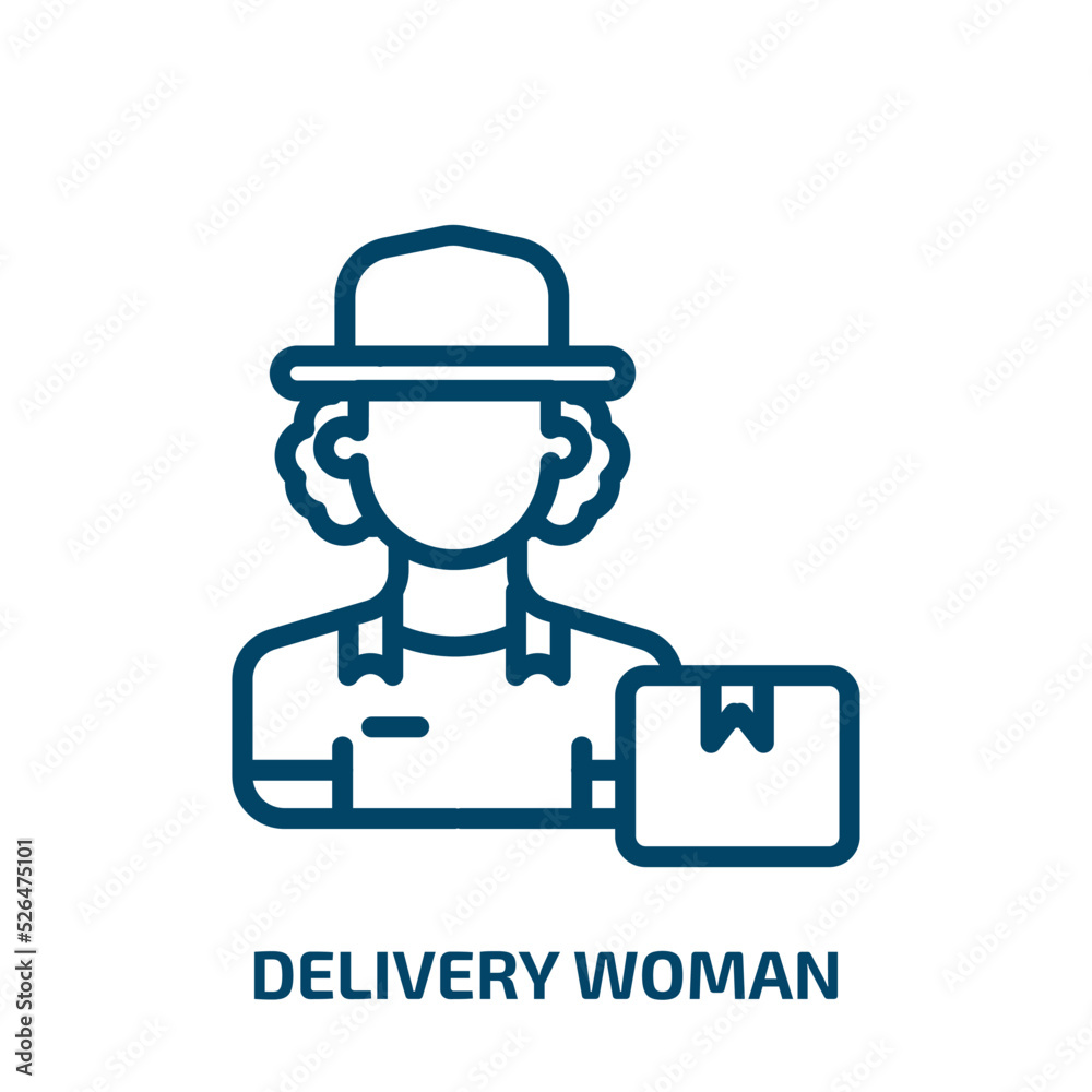 delivery woman icon from people collection. Thin linear delivery woman, box, delivery outline icon isolated on white background. Line vector delivery woman sign, symbol for web and mobile delivery woman icon from people collection. Thin linear delivery woman, box, delivery outline icon isolated on white background. Line vector delivery woman sign, symbol for web and mobile