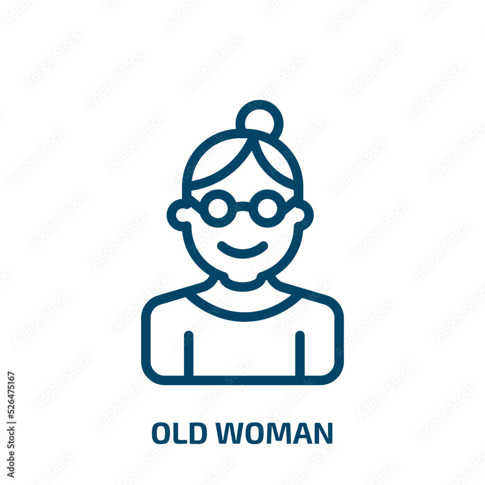 old woman icon from people collection. Thin linear old woman, character, female outline icon isolated on white background. Line vector old woman sign, symbol for web and mobile old woman icon from people collection. Thin linear old woman, character, female outline icon isolated on white background. Line vector old woman sign, symbol for web and mobile