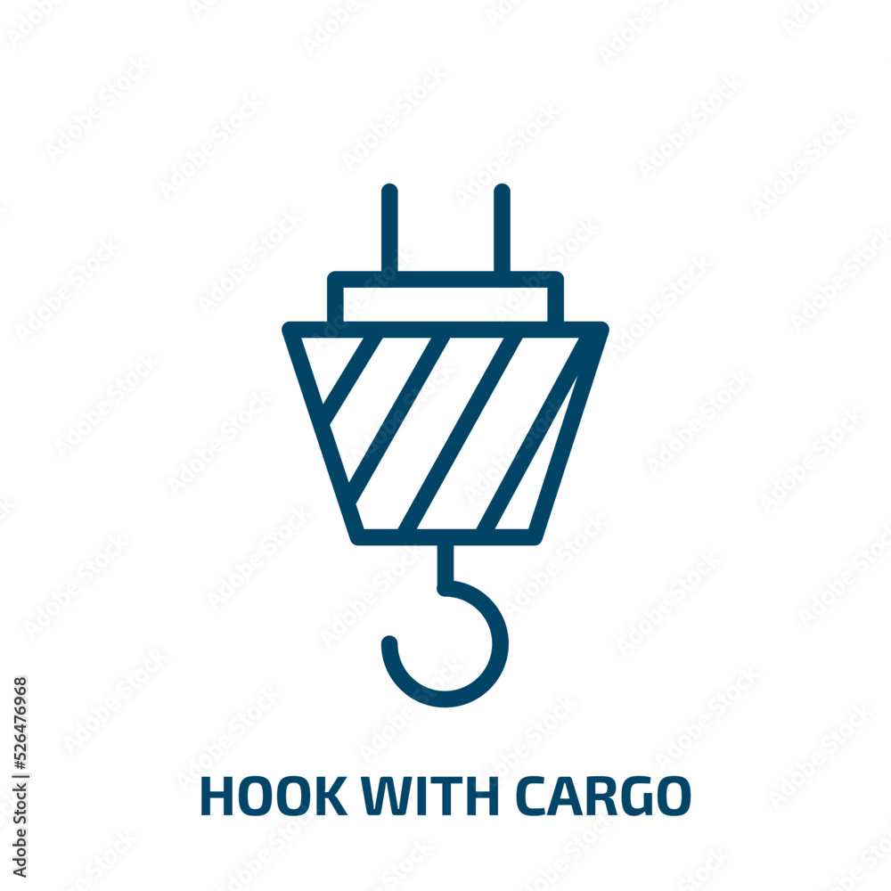 hook with cargo icon from construction tools collection. Thin linear hook with cargo, hook, cargo outline icon isolated on white background. Line vector hook with cargo sign, symbol for web and mobile hook with cargo icon from construction tools collection. Thin linear hook with cargo, hook, cargo outline icon isolated on white background. Line vector hook with cargo sign, symbol for web and mobile