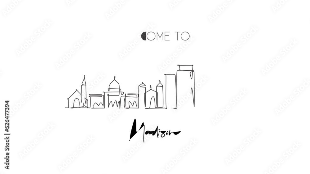 Animated self drawing of continuous line draw Madison city skyline, Wisconsin. Famous city scraper landscape. World travel home wall decor art poster print concept. Full length one line animation. Animated self drawing of continuous line draw Madison city skyline, Wisconsin. Famous city scraper landscape. World travel home wall decor art poster print concept. Full length one line animation.