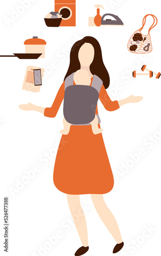 Busy woman with baby in carrier juggling tasks. Life and work balance.	