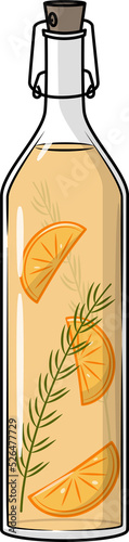 Bottle of kombucha or lemonade with orange and rosemaries inside. Illustration of retro bottle with swing stopper  flip top.